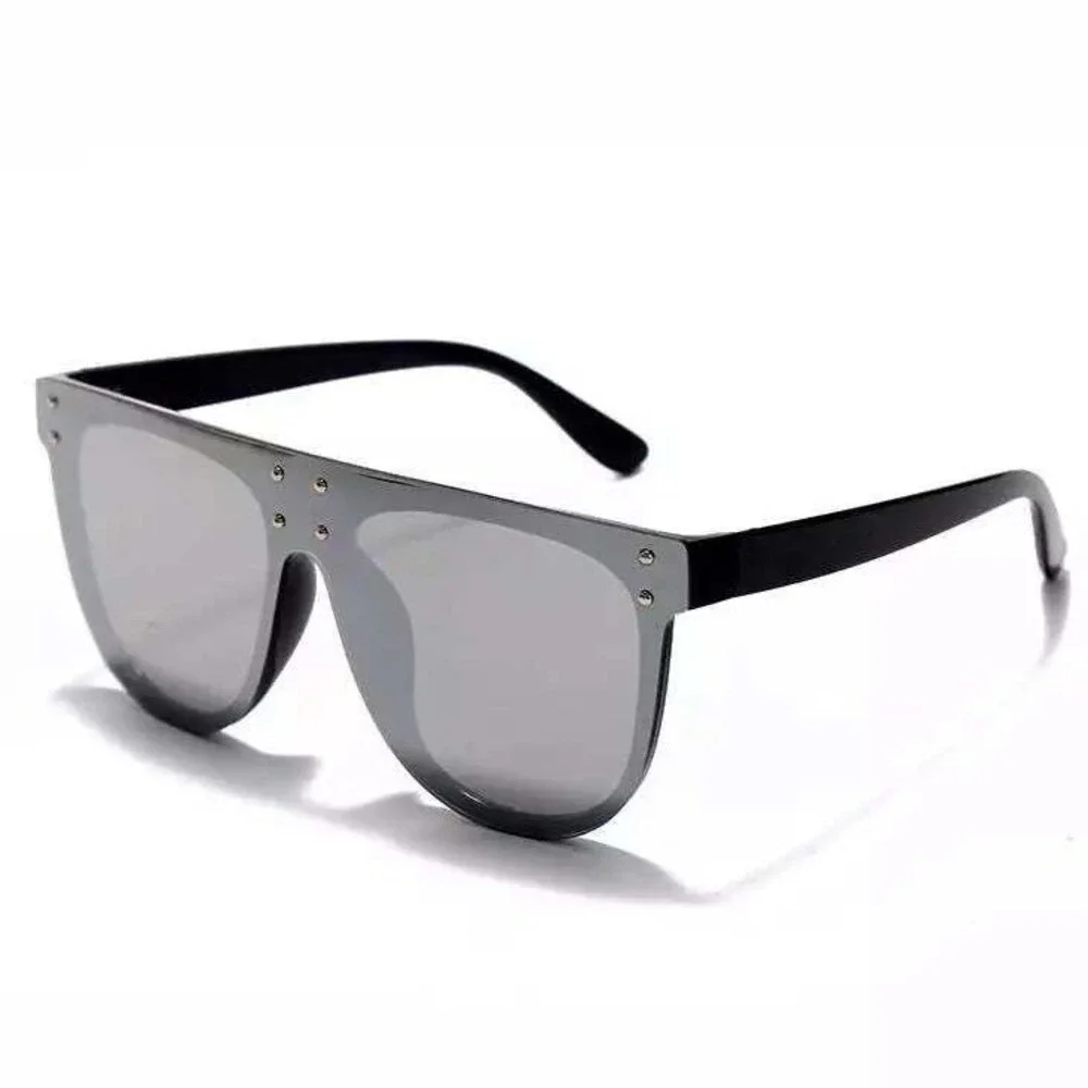 Flat Top Shield Sunglasses Silver Mirrored Lens Studded Accents Oversized Shades